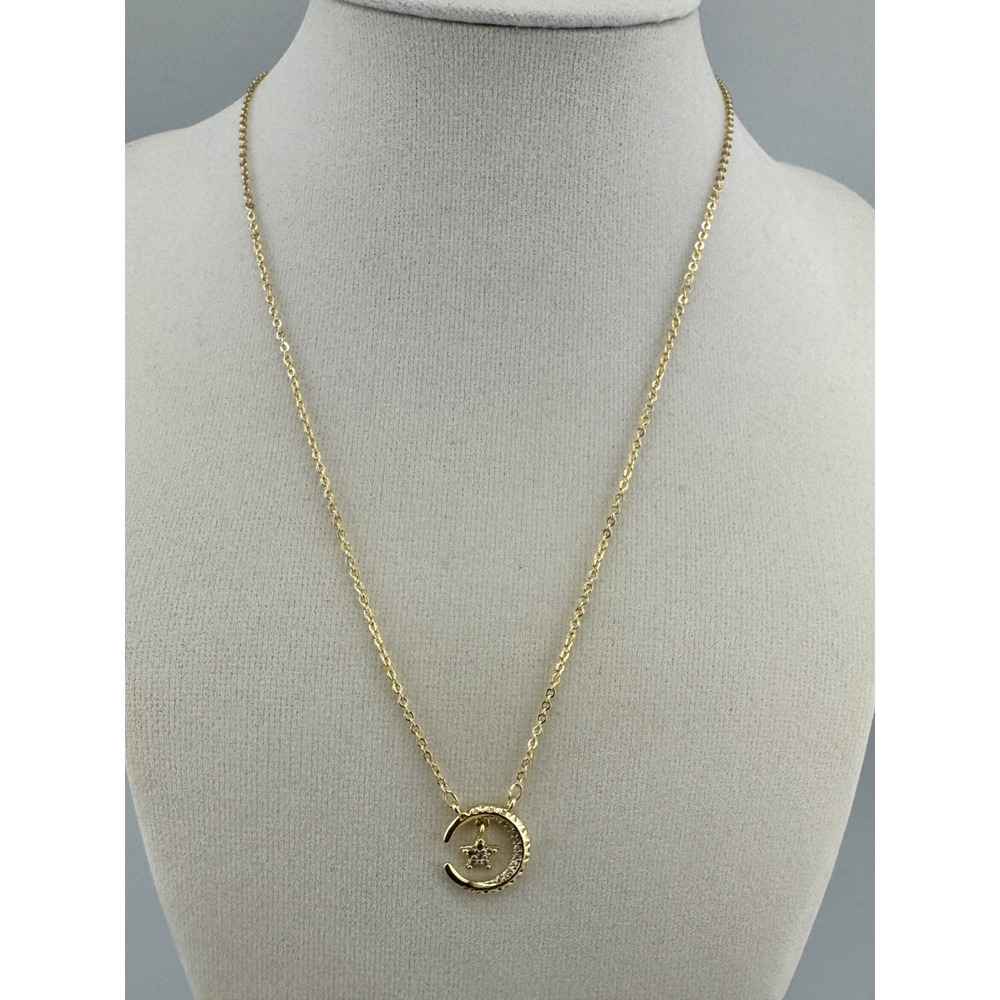 Gold Tone Celestial‎ Crescent Moon and Star Crystal Pendant Necklace 18 Inch